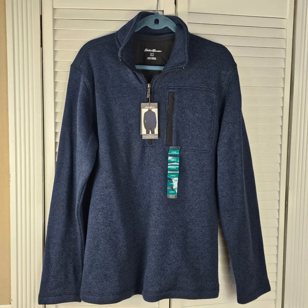 NWT Eddie Bauer Mens Heather Dress Blues Full Zip Sweater Jacket Large